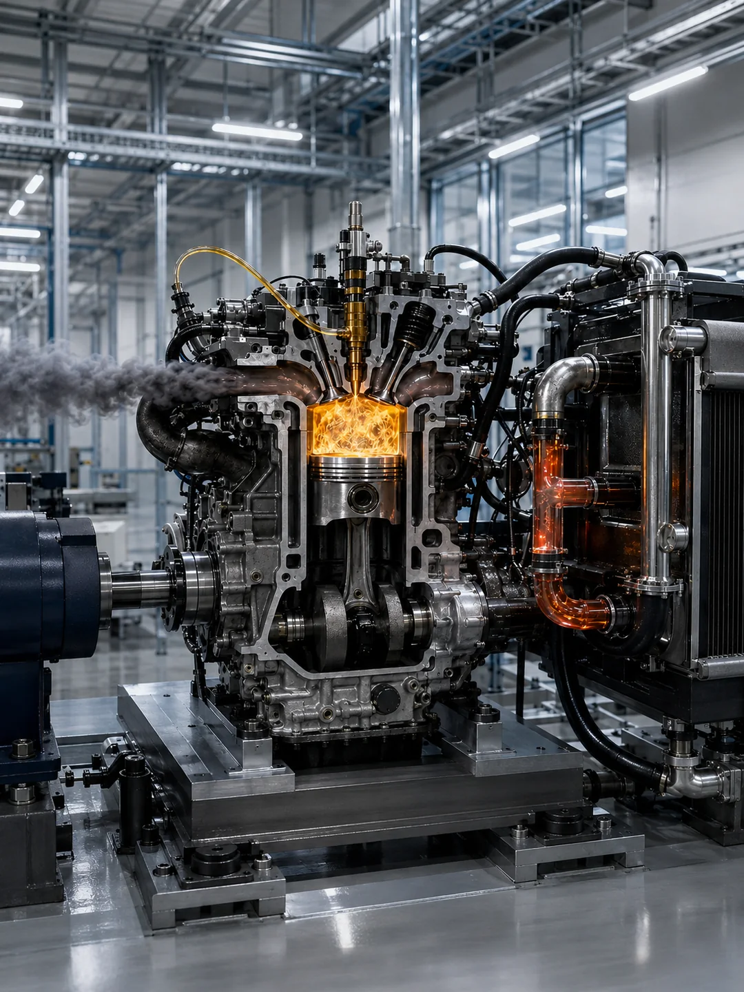 Engine test bench showing combustion energy, useful work, heat rejection and exhaust losses