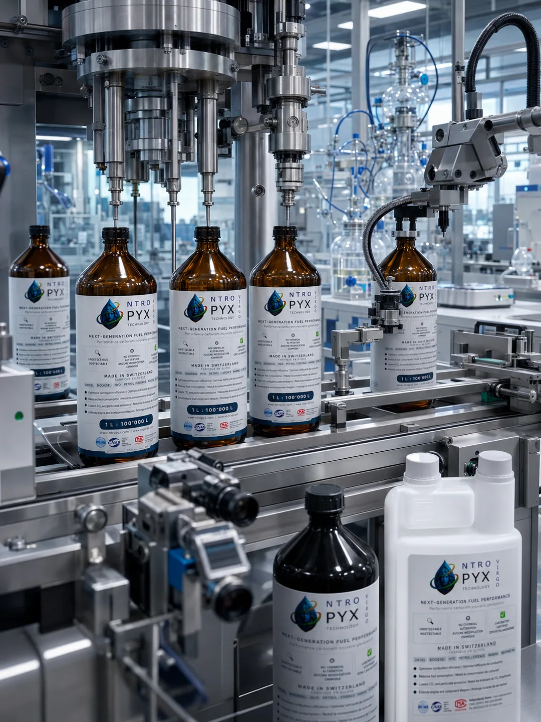 NTROPYX-Flaschen auf Abfüllanlagen der Schweizer Produktion