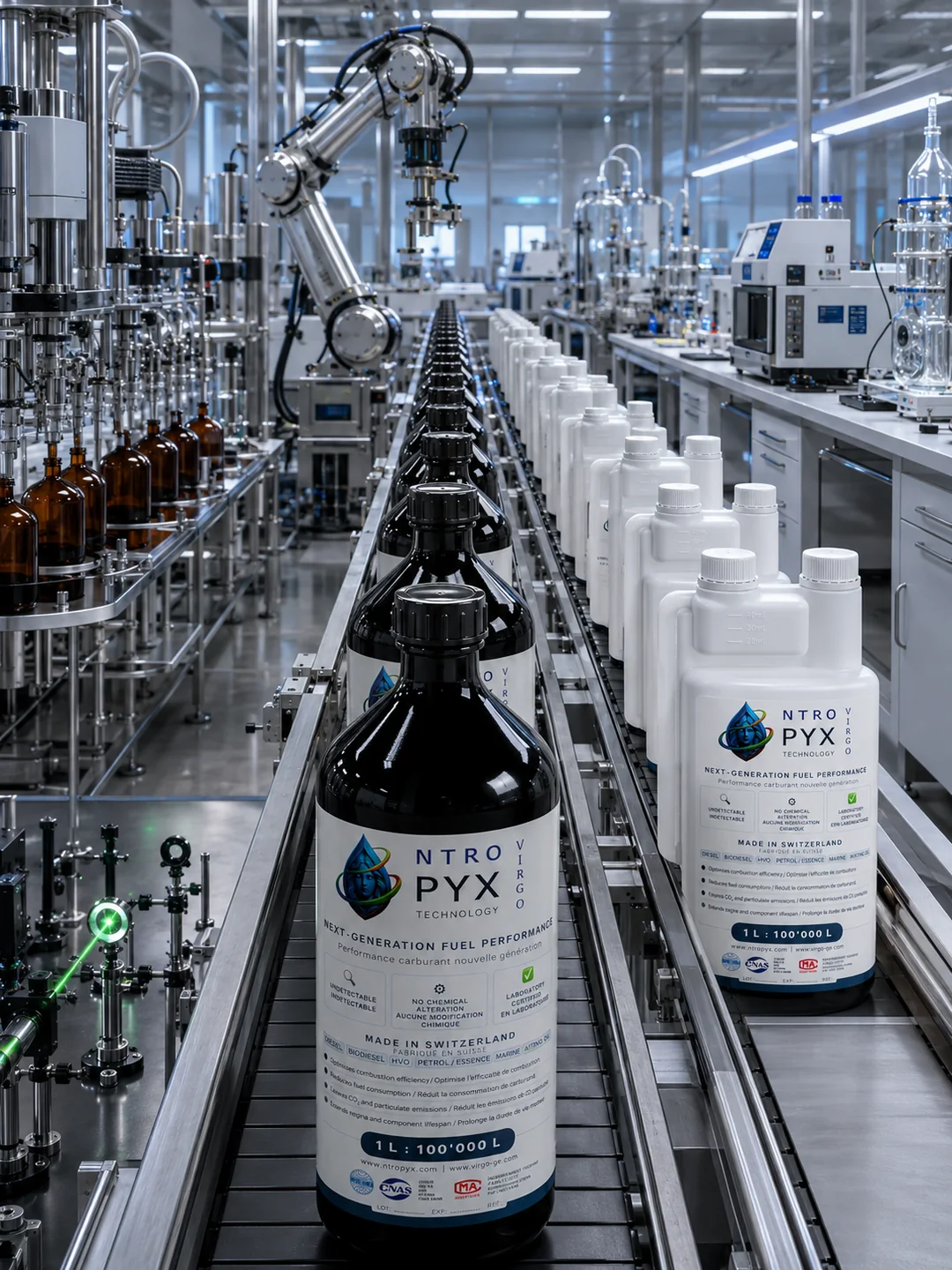 NTROPYX production line with white, black and brown product bottles