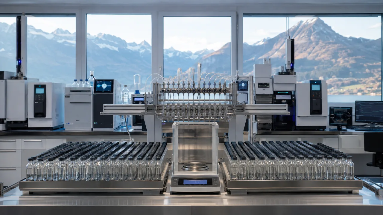 Swiss laboratory bench with precision sample arrays, analytical equipment and alpine context for Virgo production authority